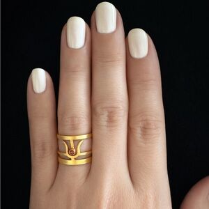 Gold Tone Openwork Ring with Red Stone - Women Jewelry